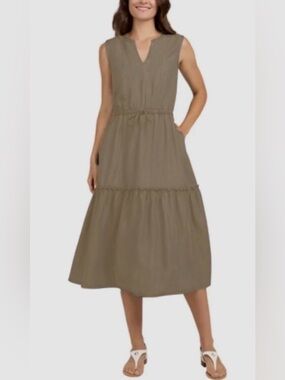 Lands' End Olive Sleeveless Tiered Midi Dress - M